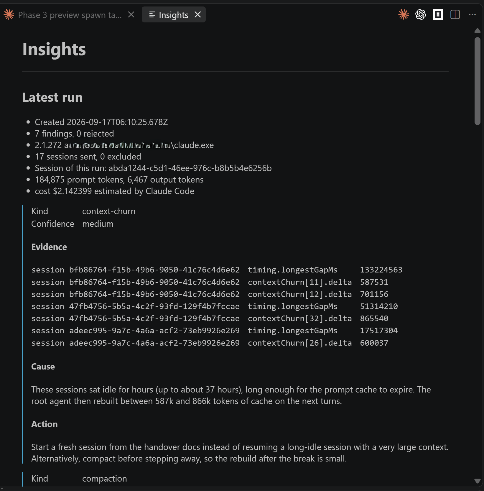 The Insights panel: a finding with its kind, confidence and evidence rows