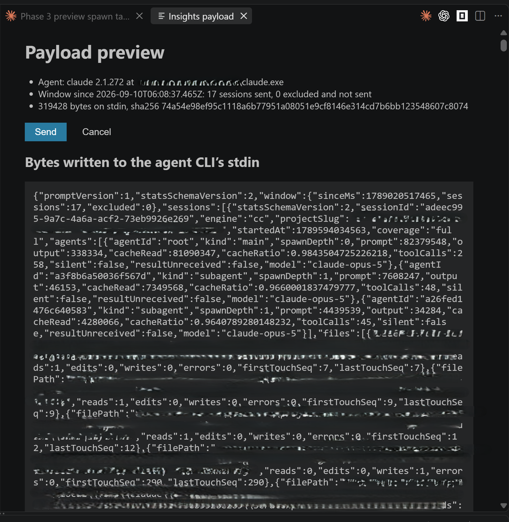 The Insights payload preview: the agent, the window of sessions, and the exact bytes written to the agent CLI