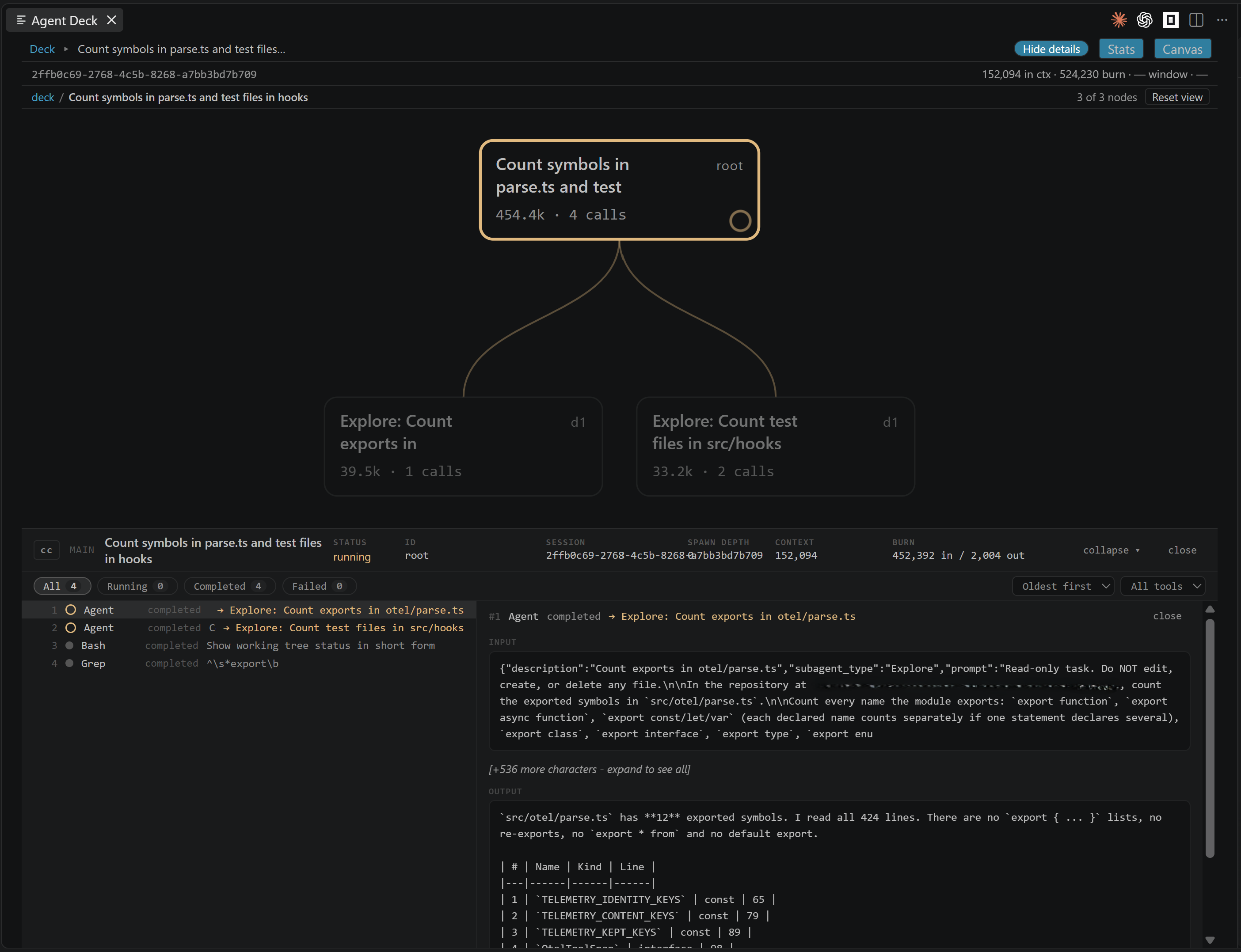 The inspector under the tree: the root agent's four tool calls, one of them expanded to its input and output