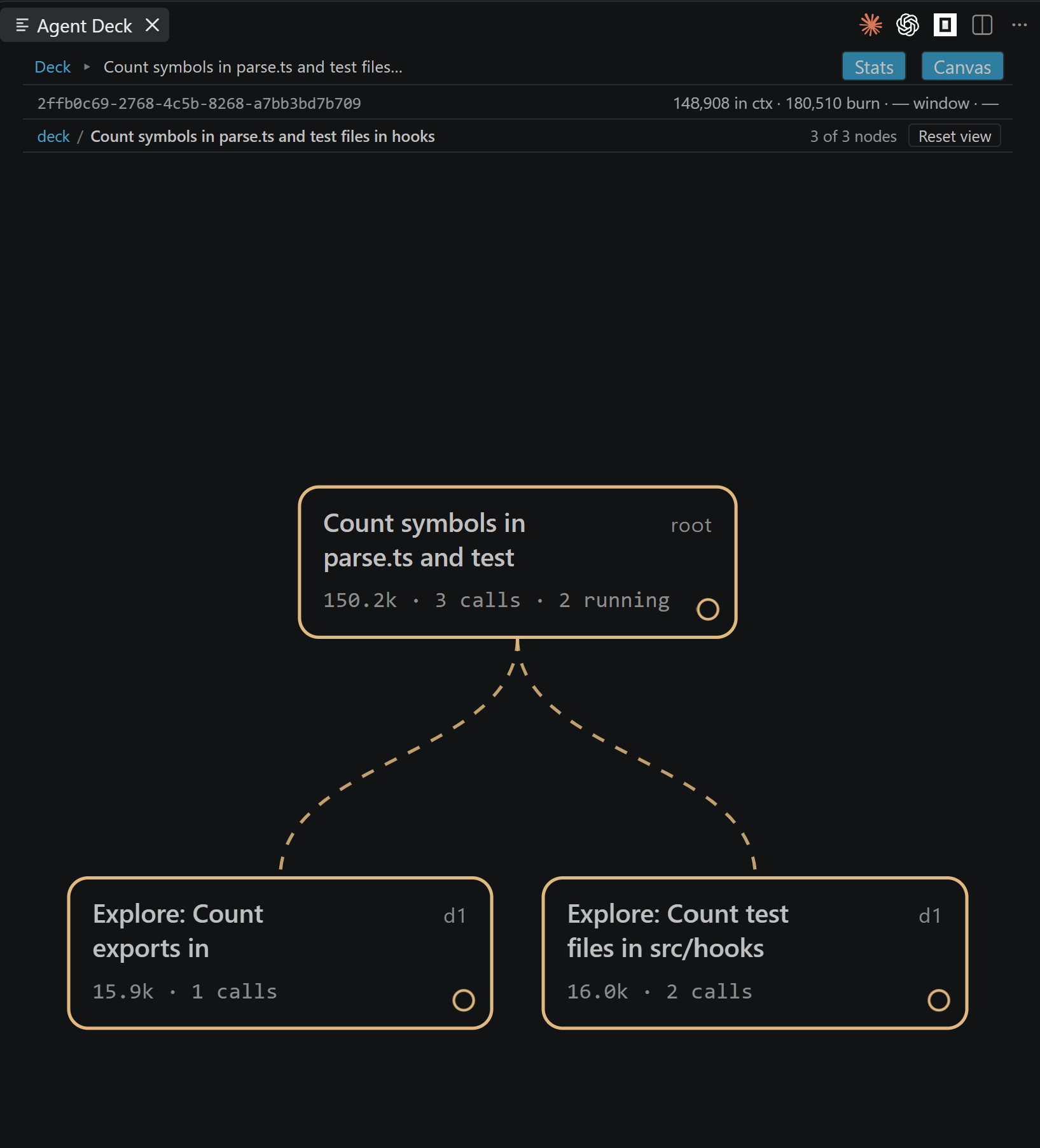 Agent Deck showing one session as a live tree: the root agent and the two subagents it spawned